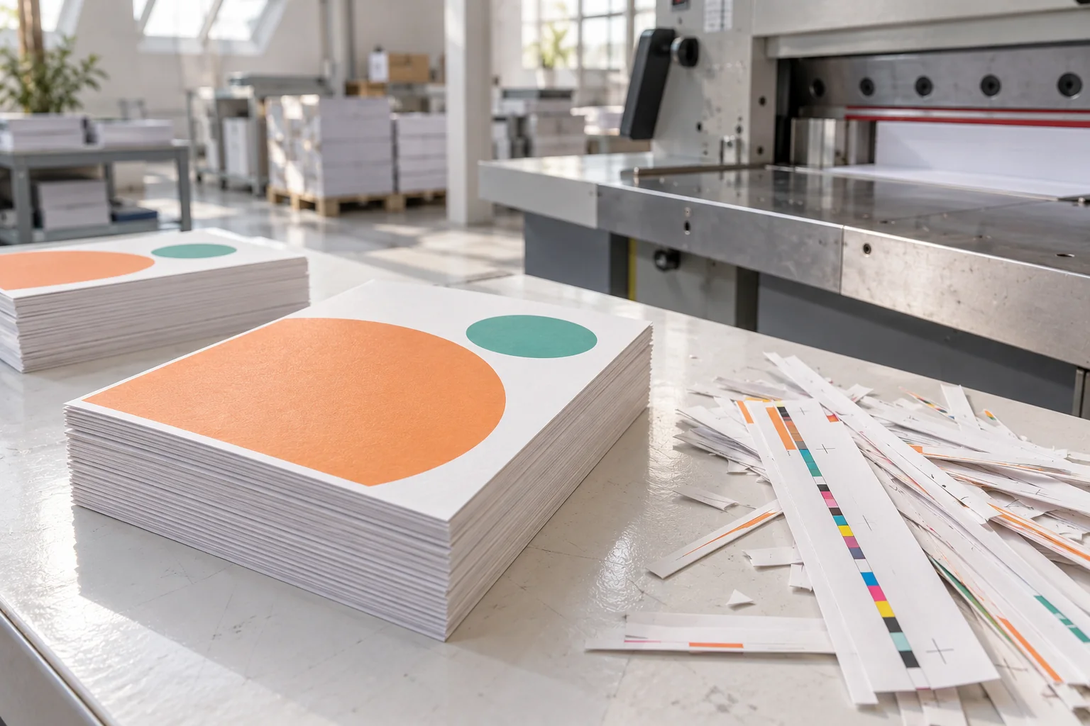 Oříznuté letáky v tiskárně vedle řezačky, odřezky s ořezovými značkami a CMYK pruhem
