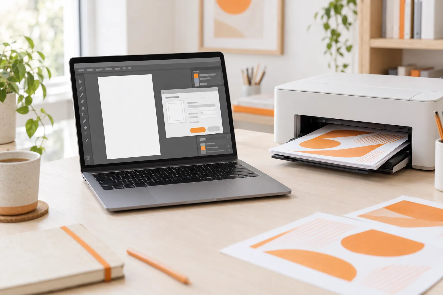 Notebook s grafickým programem a prázdnou plochou A4 na výšku, vedle tiskárna s vytištěnými listy A4 s oranžovou grafikou