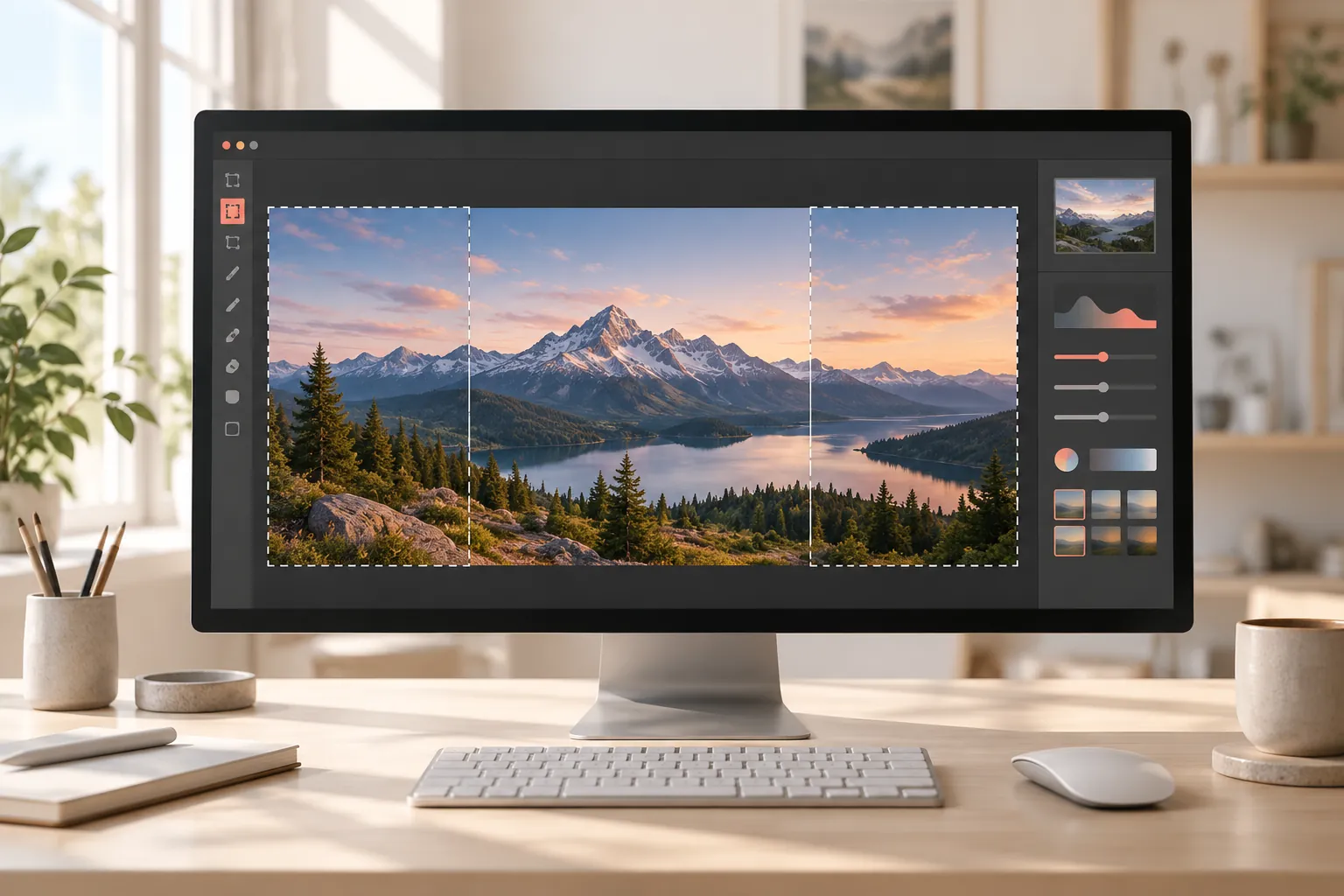 Monitor s fotografií horské krajiny s jezerem, kterou AI rozšiřuje do stran, nové části jsou označené přerušovaným výběrem