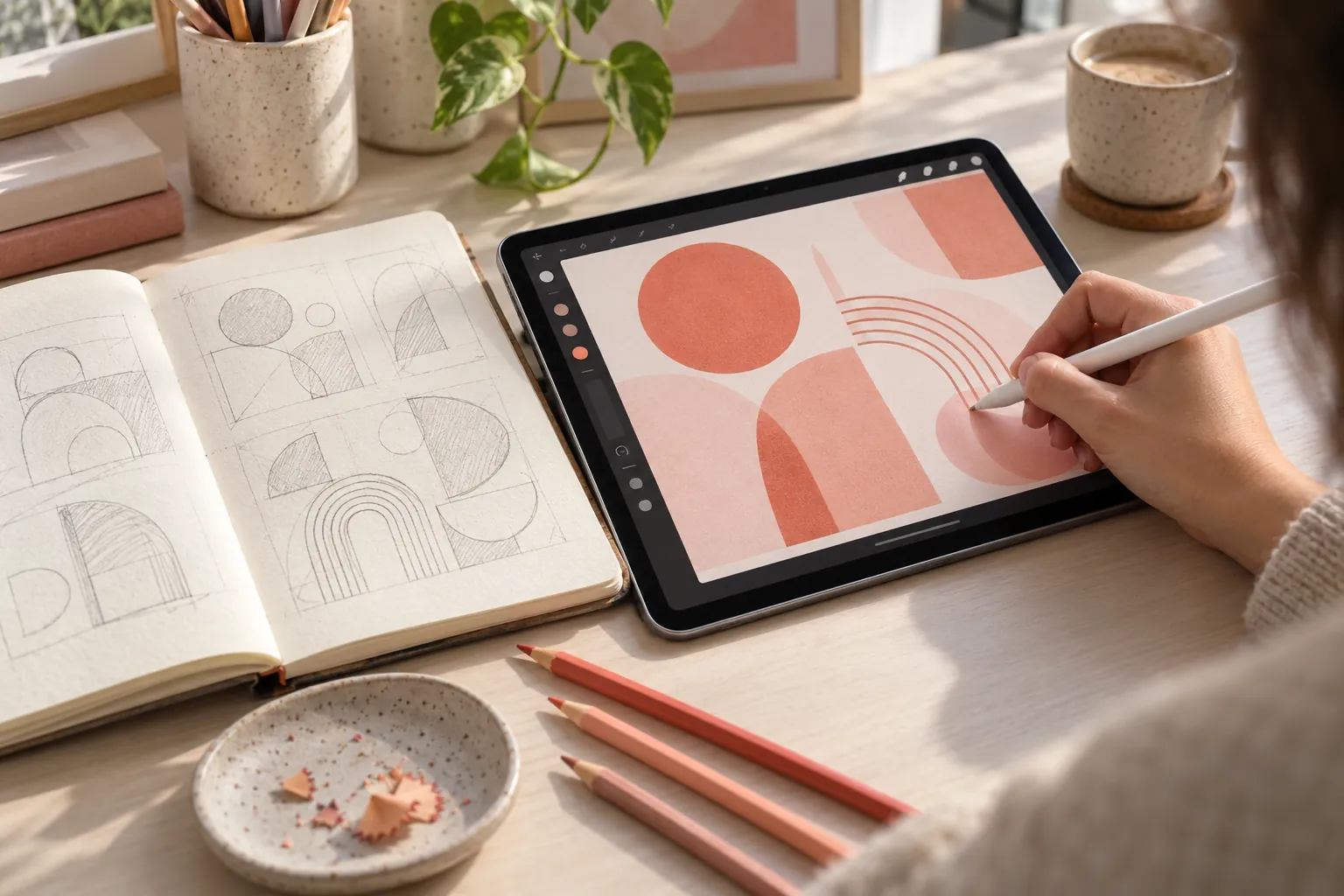 Ruka s perem kreslí korálovou ilustraci na tabletu, vedle otevřený skicák s náčrty a pastelky
