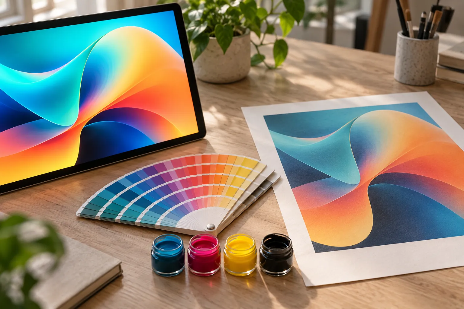 Tablet se zářivou barevnou grafikou vedle stejného motivu vytištěného na papíře, vzorník a kelímky s barvami CMYK