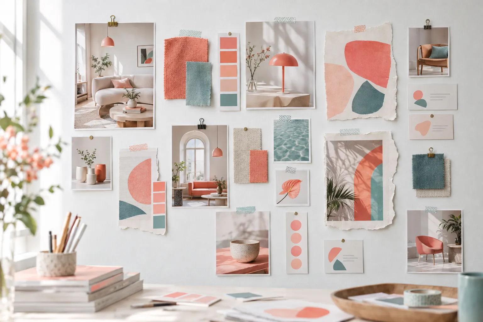 Moodboard na bílé stěně: fotky interiérů, vzorky látek a papírů, korálové a broskvové barevné vzorky a ukázky vizitek